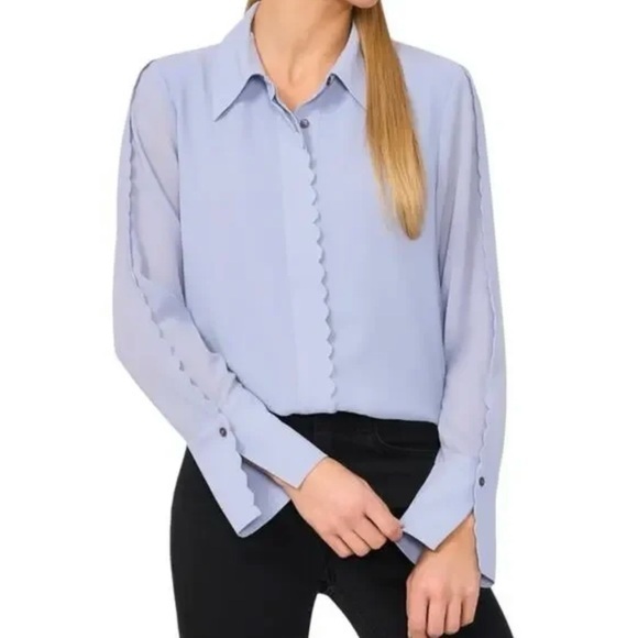 CeCe Tops - CeCe Women's Scalloped-Trim Collared Long-Sleeve Blouse in Slate Blue Size S